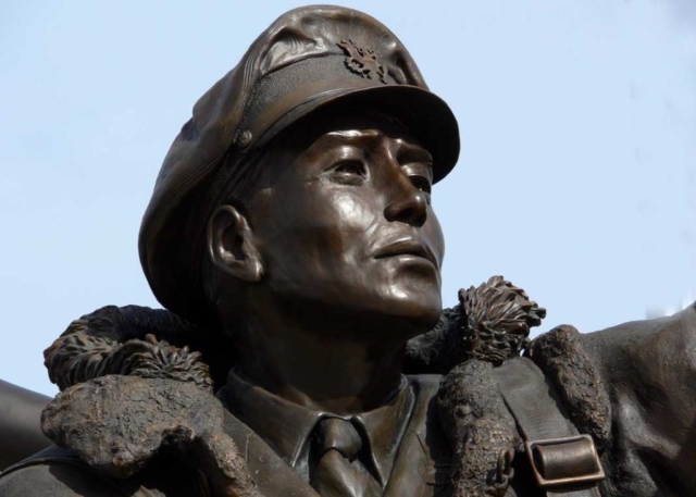 Detail of American pilot Alaska-Siberia WWII monument, Fairbanks, Alaska